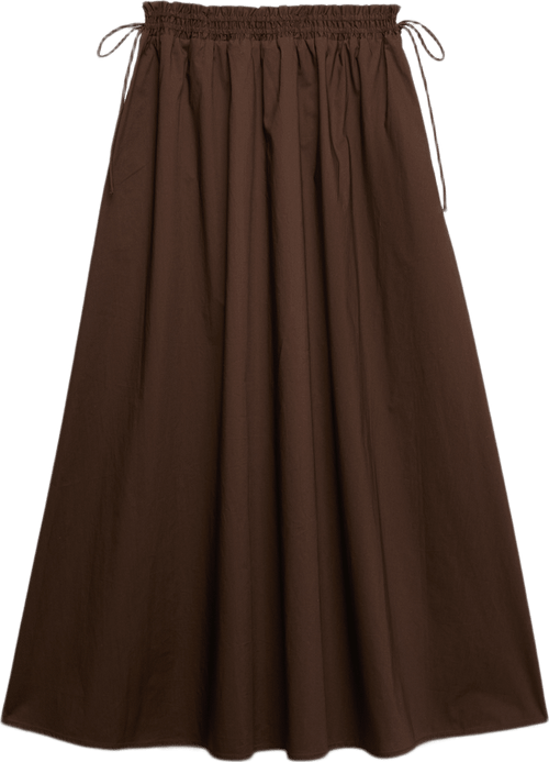 Cotton Brown Tie Side Midi Skirt