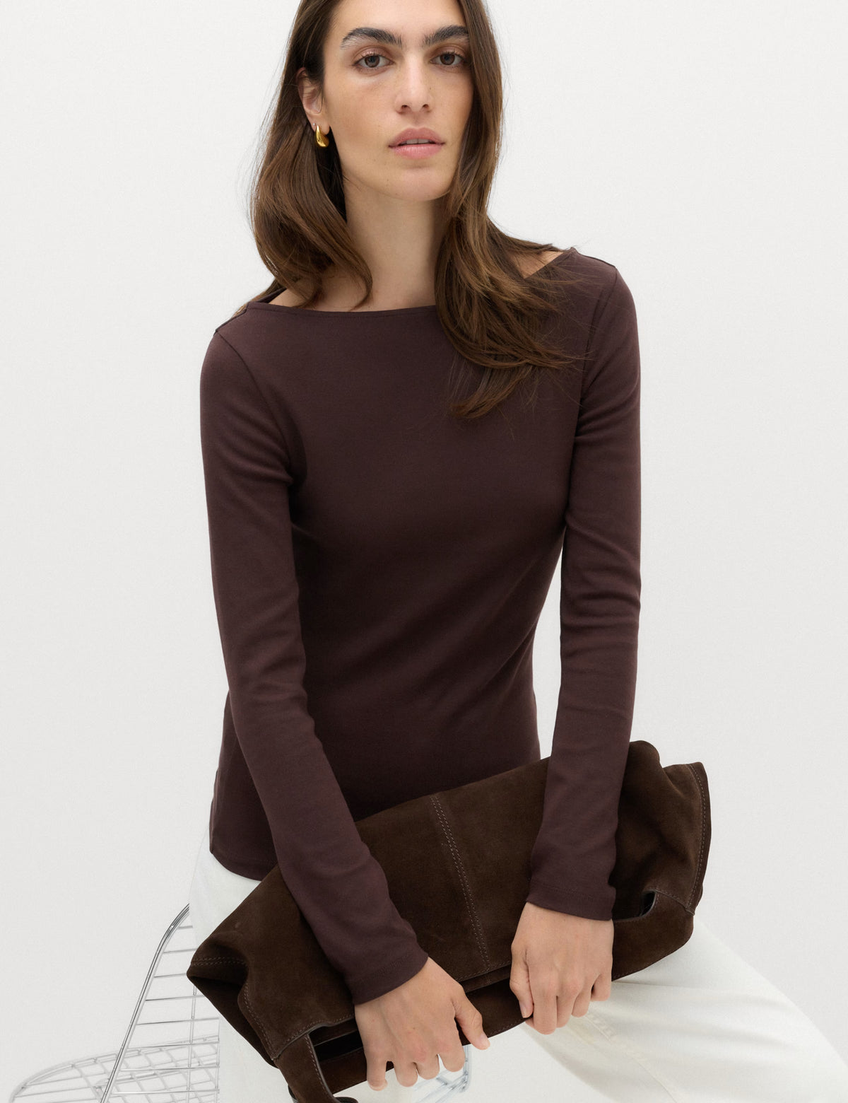 Cotton Brown Boat Neck Top