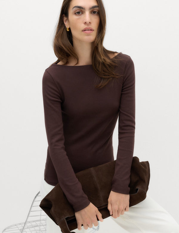 Cotton Brown Boat Neck Top