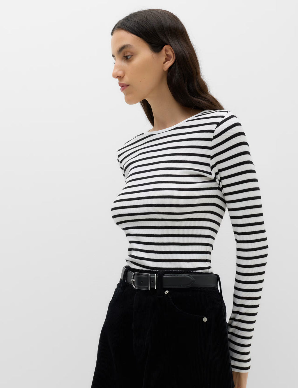 Cotton Black and White Stripe Ribbed Top