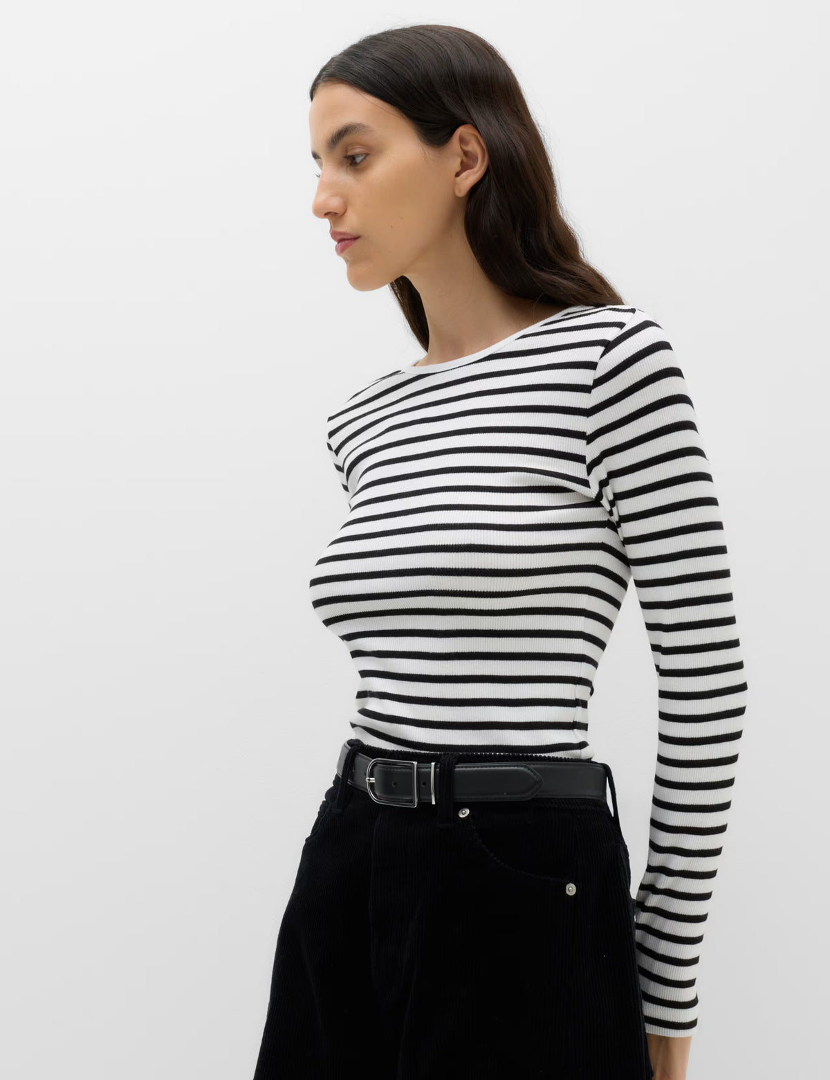 Cotton Black and White Stripe Ribbed Top