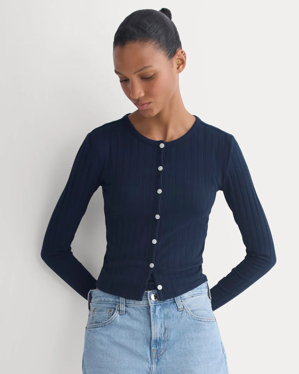 Cotton Navy Pointelle Cardigan