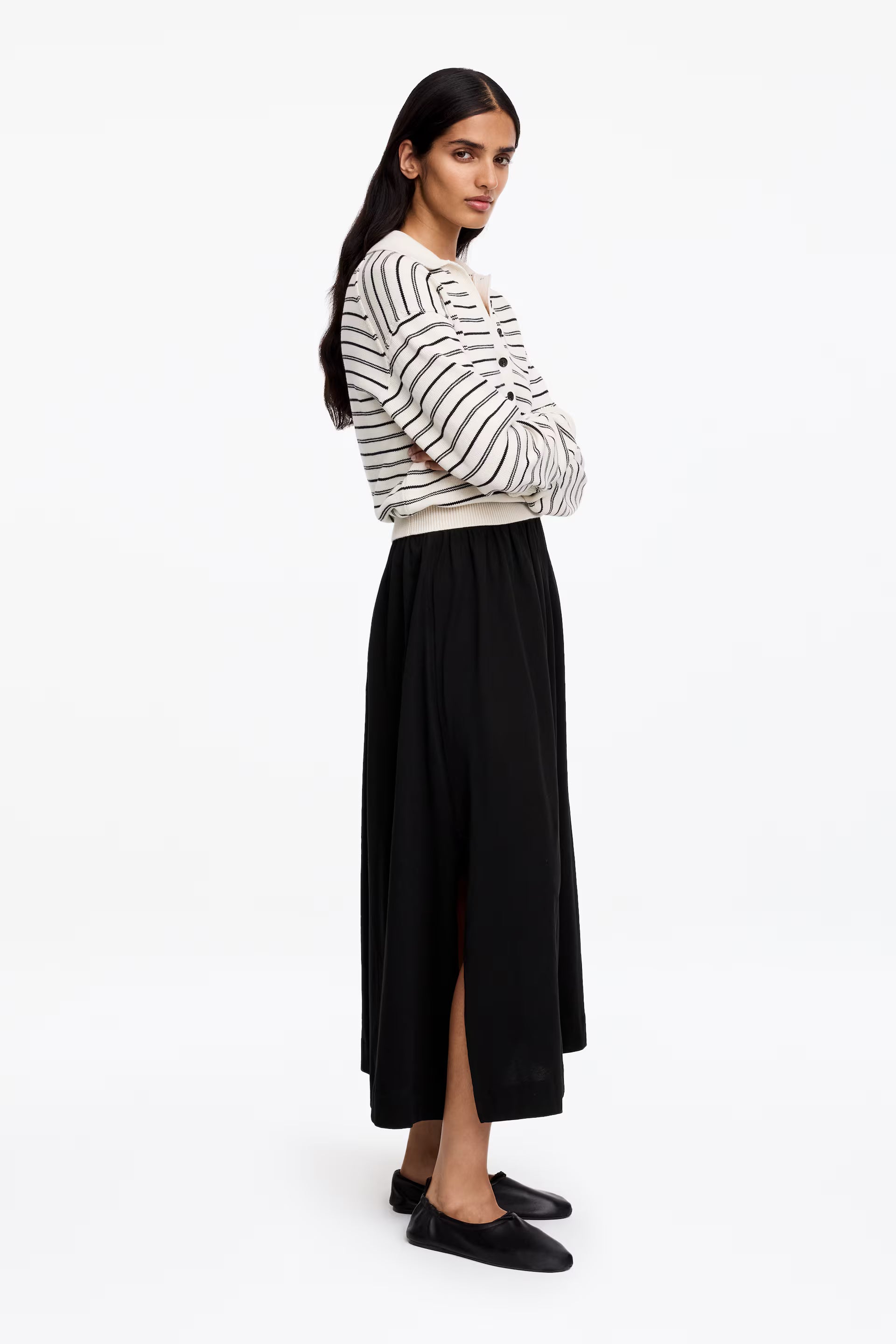 Cotton Black A-Line Midi Skirt
