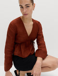 Linen Rust V-Neck Peplum Top