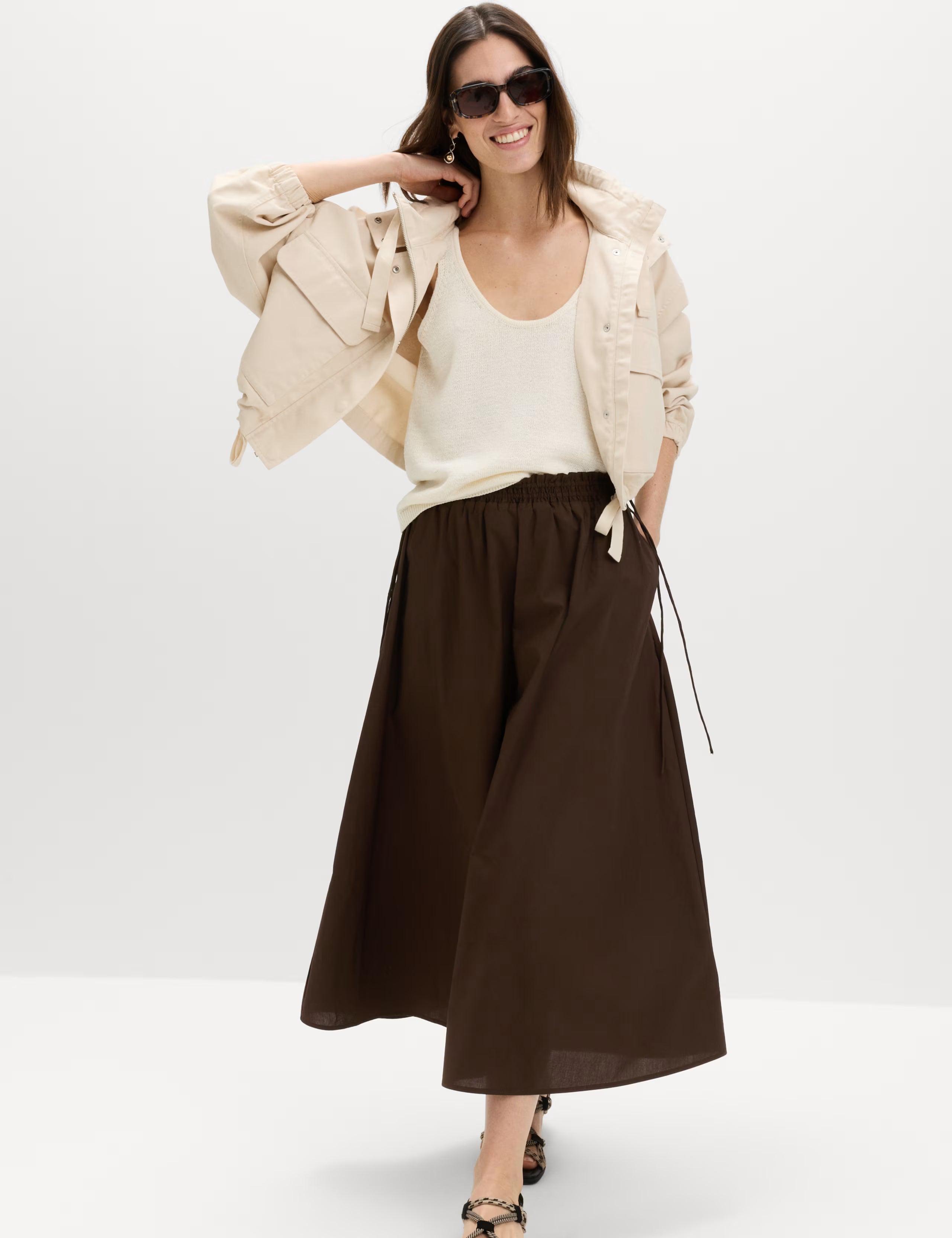 Cotton Brown Tie Side Midi Skirt