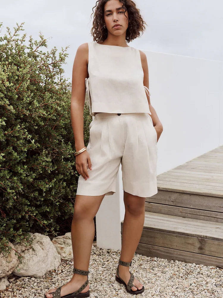 Linen Beige Bermuda Shorts