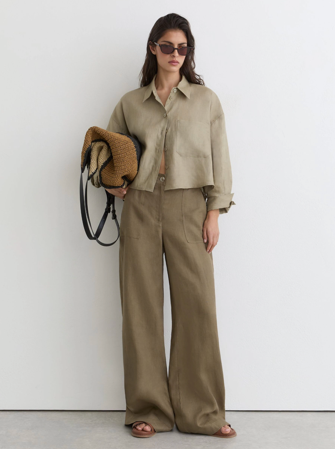 Linen Khaki Wide Trousers
