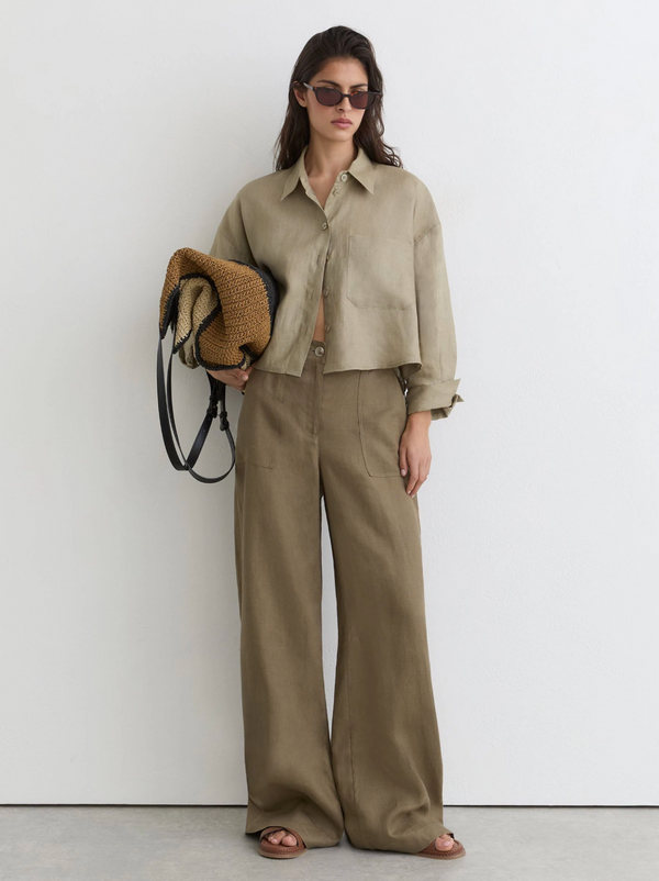 Linen Khaki Wide Trousers