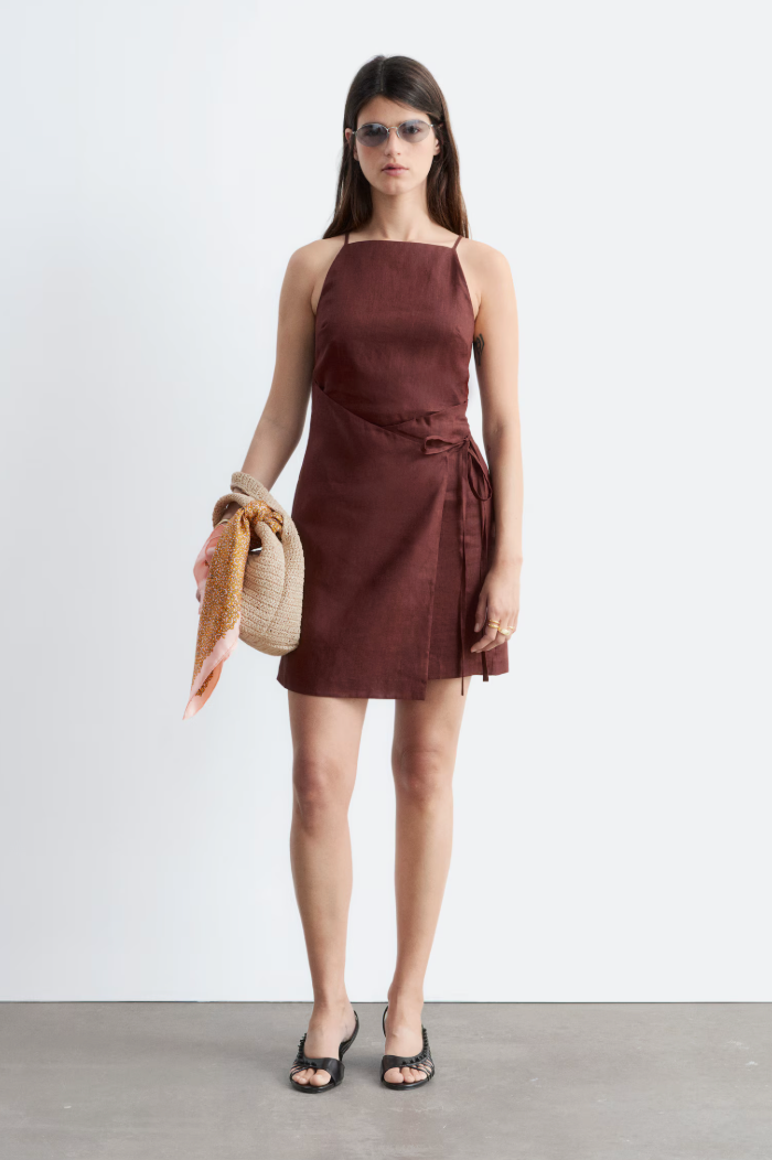 Linen Mahogany Mini Wrap Dress